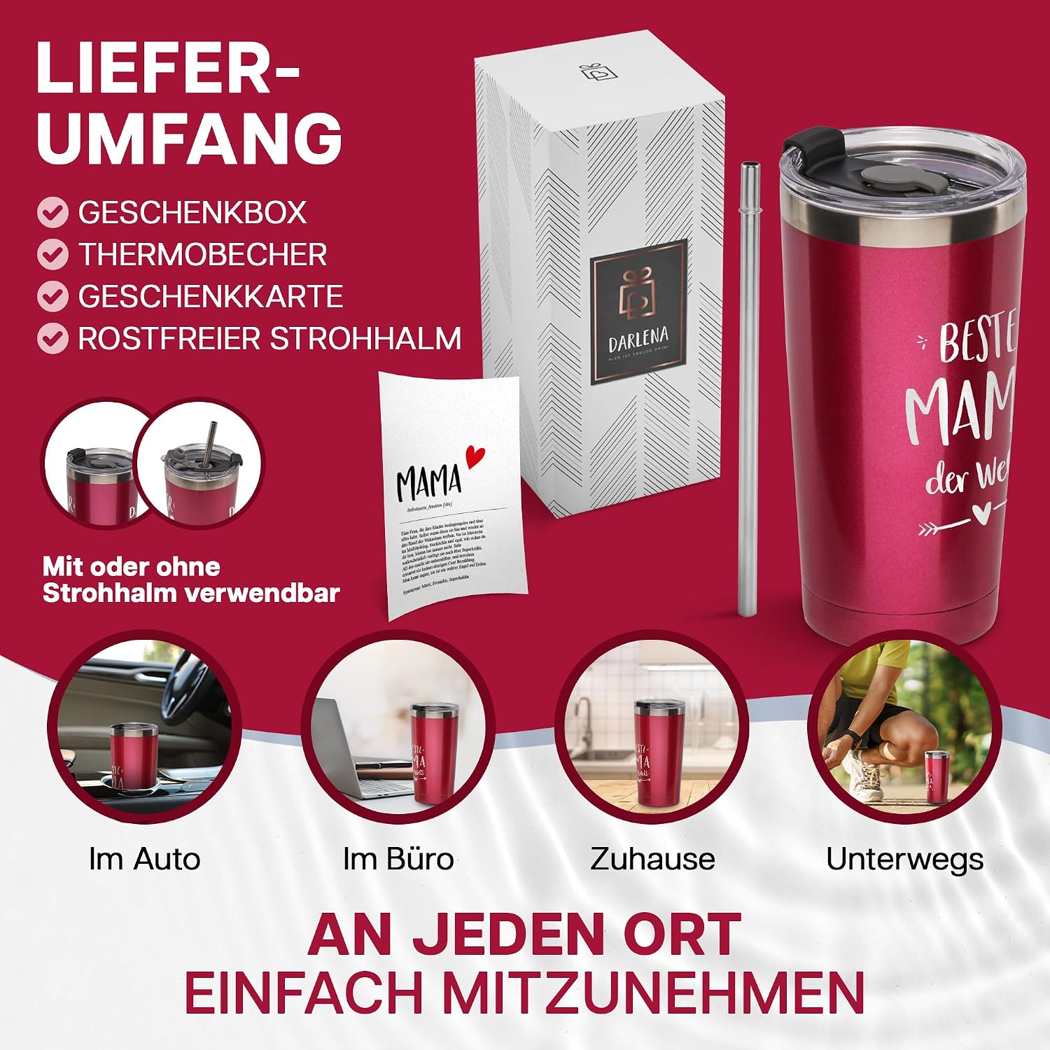 Thumbnail 3 de Darlena Thermobecher Beste Mama (Lustig) – 500 ml, Geschenkbox inkl. Edelstahl-Strohhalm