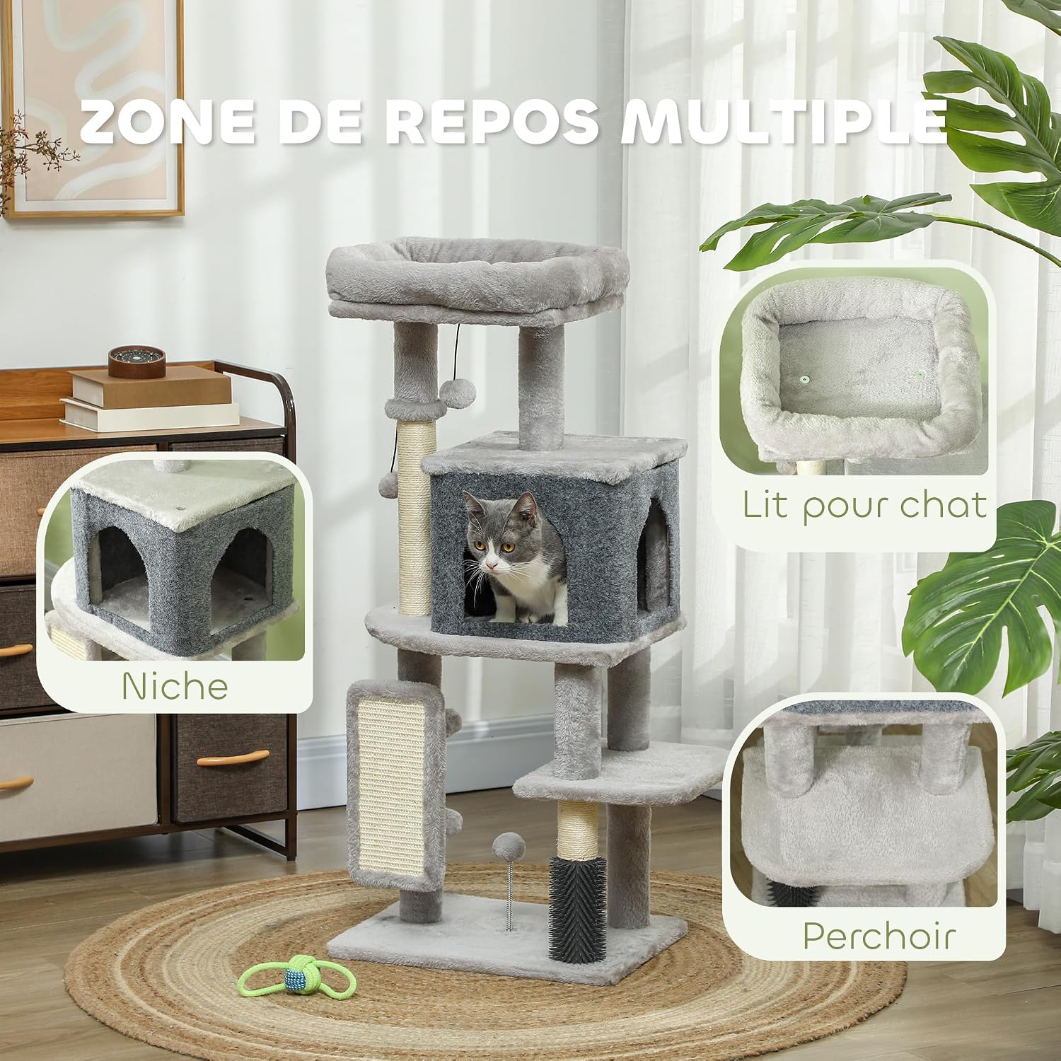 Detalle de PawHut D30-842V00LG krabpaal van 104 cm met sisal en kattenhuis