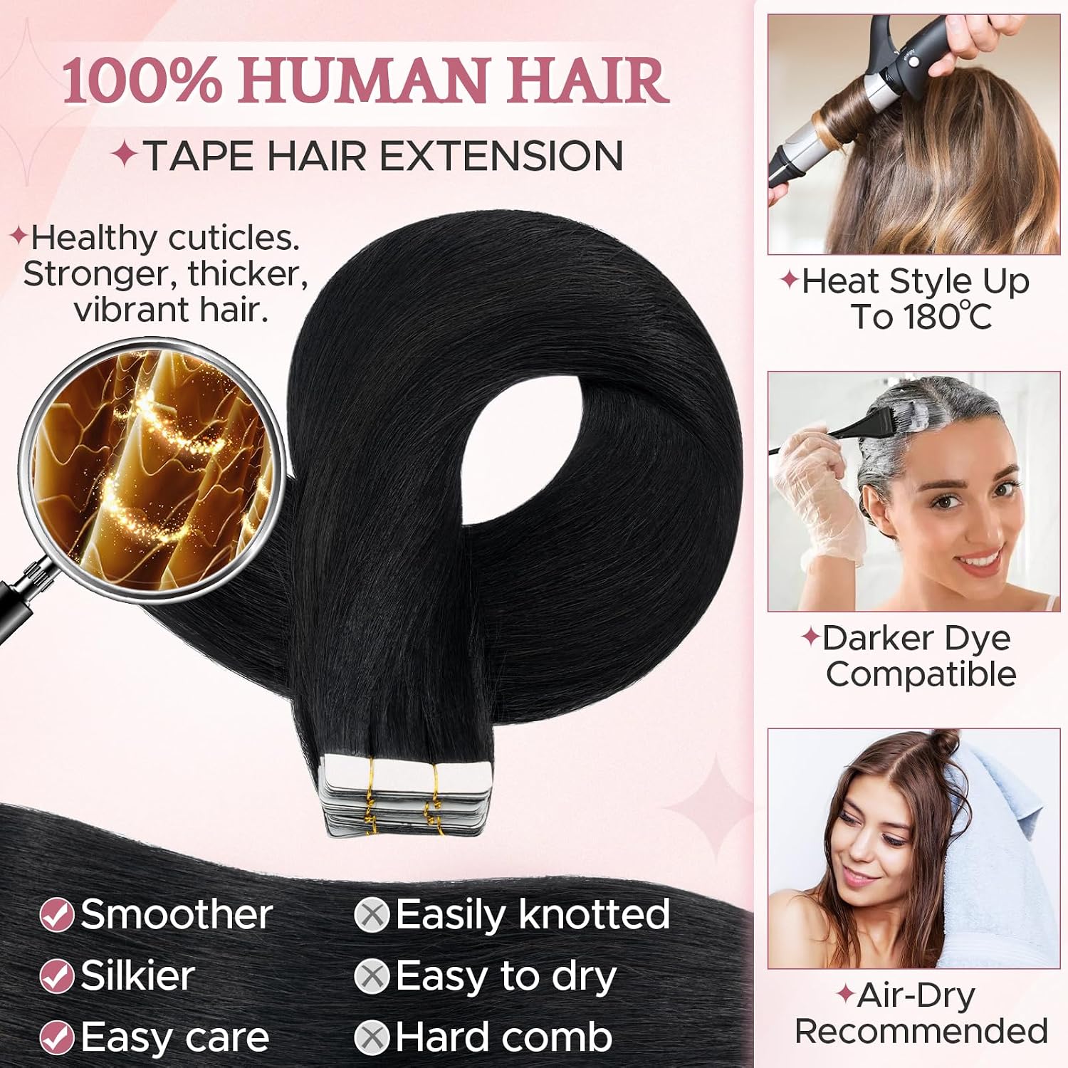 Detalle de SEGO Extensions Cheveux Naturel Adhésives Lisses et Légères – 20 Pièces, Bande Adhésive Blanche, 40 cm