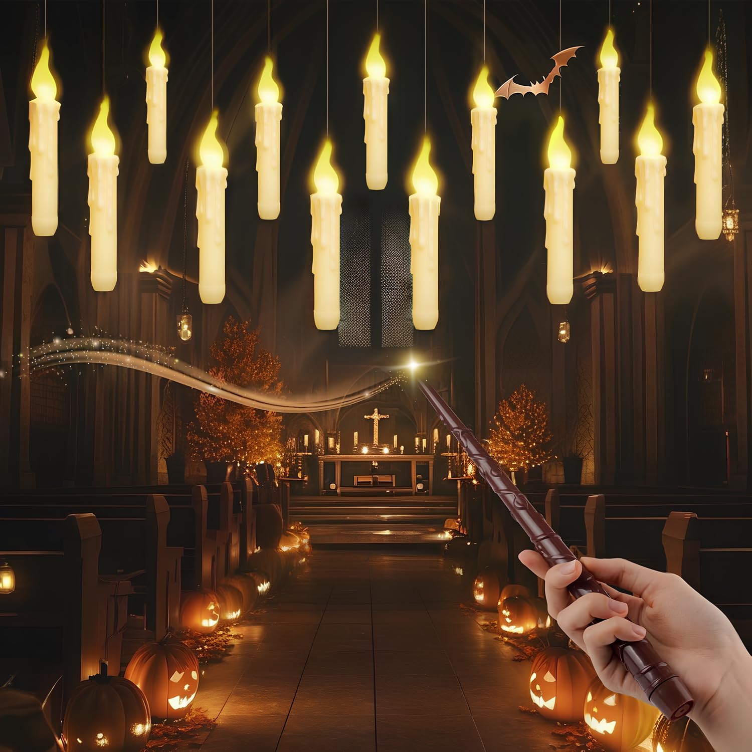Detalle de Yazmlin Yazmlin-112 Floating LED Candles, 12-Piece Warm-Light Set with Wand