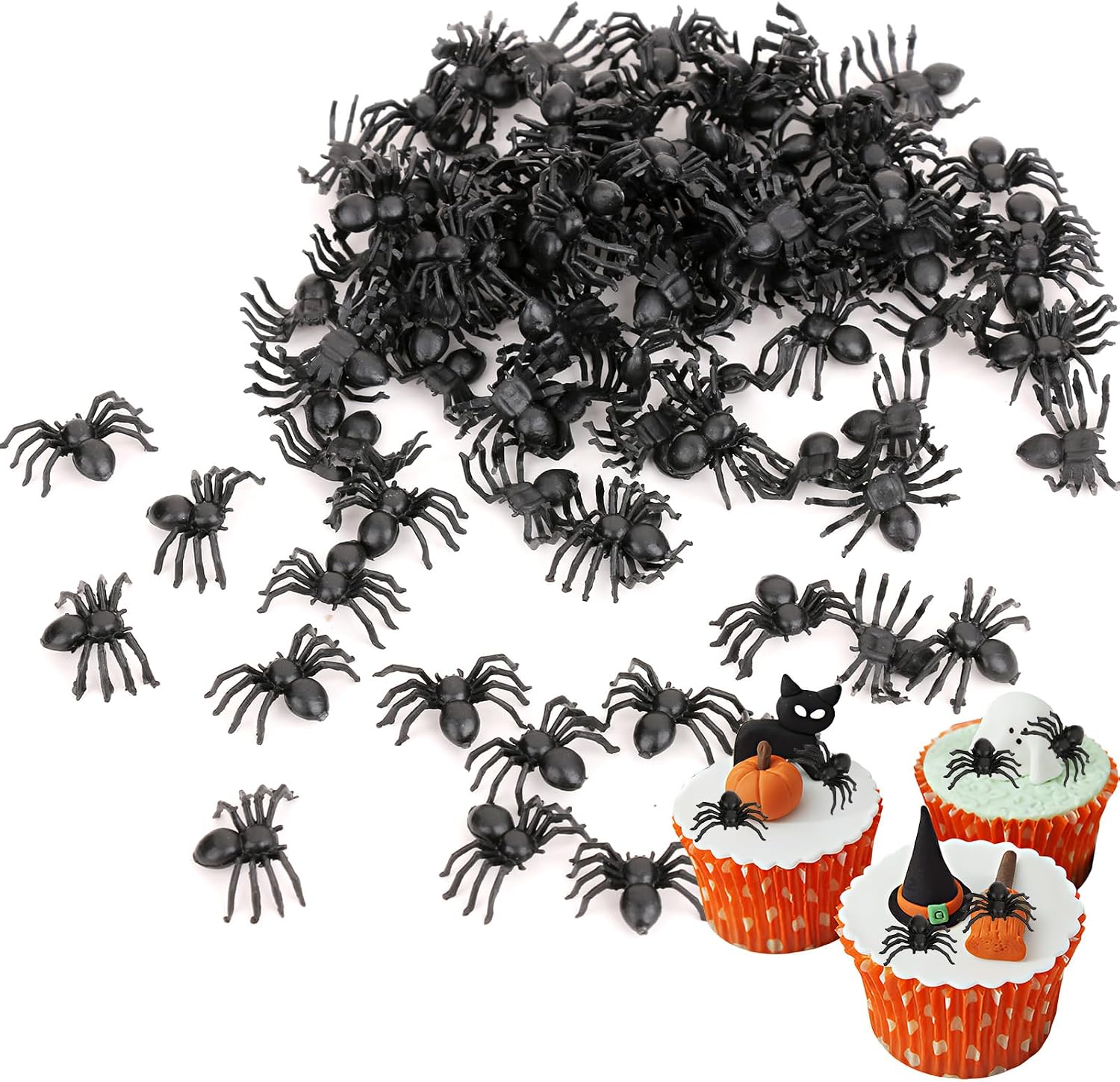 Detalle de Bravien Bravien-BZ Halloween-decoratieset met 100 zwarte kunststofspinnen