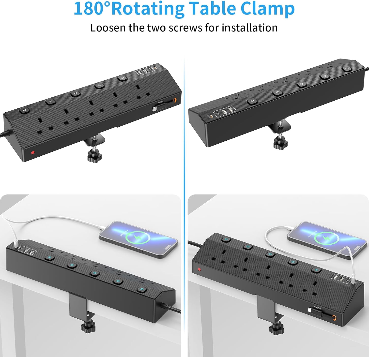 Detalle de Desk Extension Lead 1.8M with PD 65W USB‑C, 5 AC Sockets, 2 USB‑A and 3 USB‑C Ports, Retractable Cable & Desk Clamp