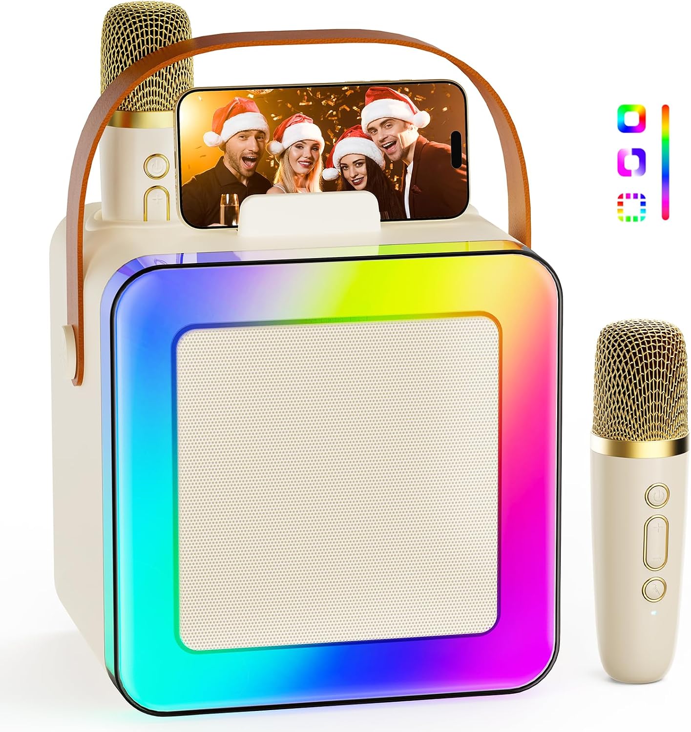Detalle de JAUYXIAN D55-T Mini Karaoke Machine with Bluetooth, 2 Wireless Microphones and Lights