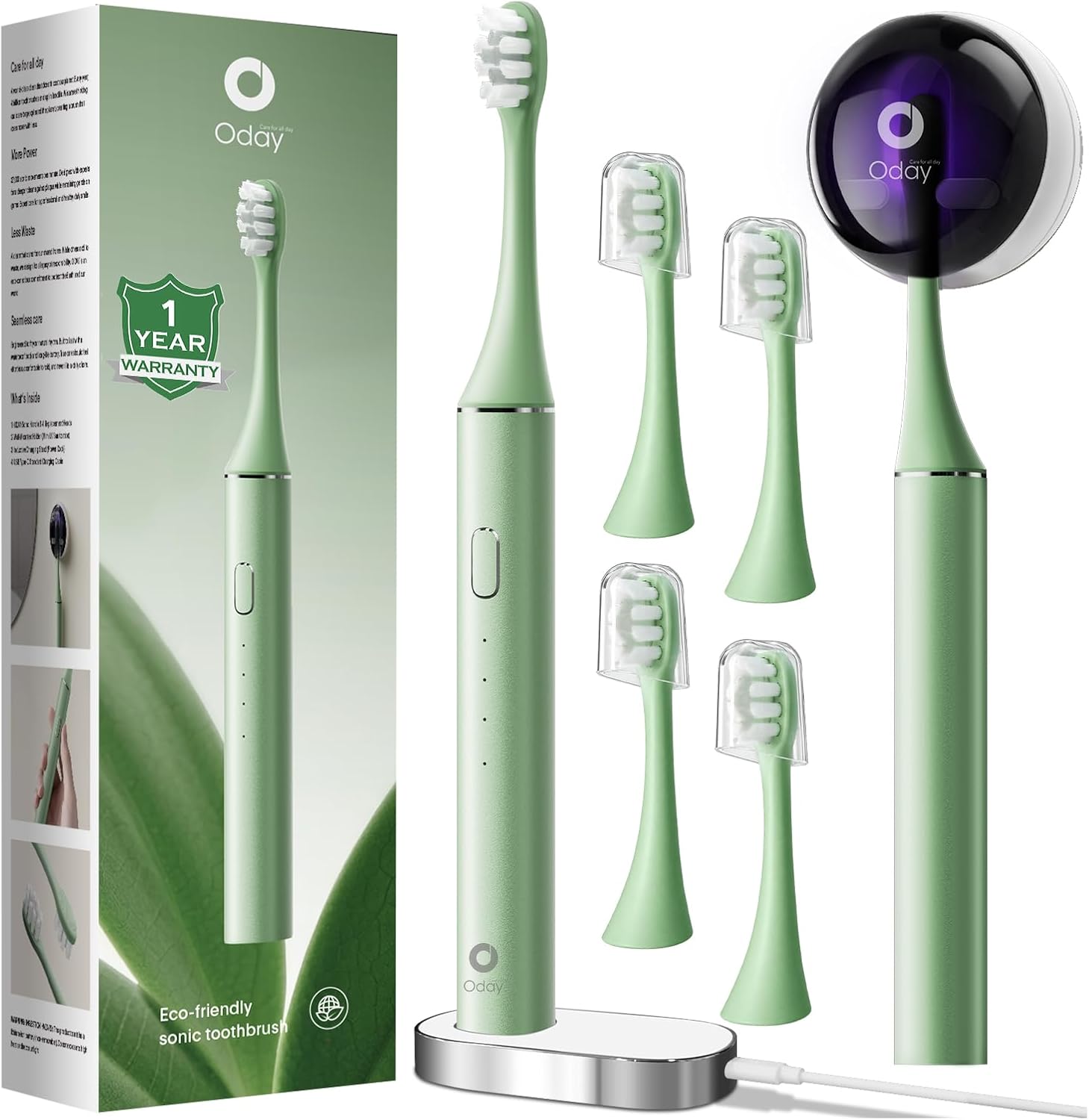 Detalle de Oday Sonic Electric Toothbrush for Adults with Wall Mounted UV-Cleaning Holder, 4 Brush Heads, Wireless Charging, IPX7 Waterproof