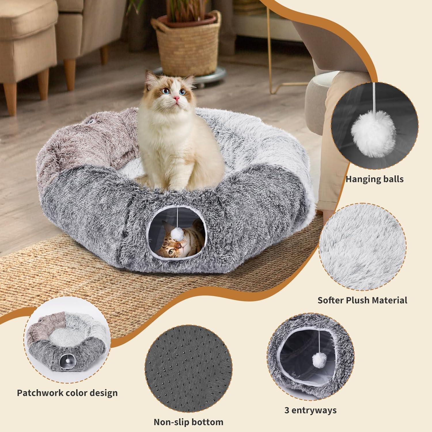 Detalle de Odoland Extra Large Cat Doughnut Bed Tunnel: Foldable, Multi-Play Cat Tunnels with Ball & Peek Holes
