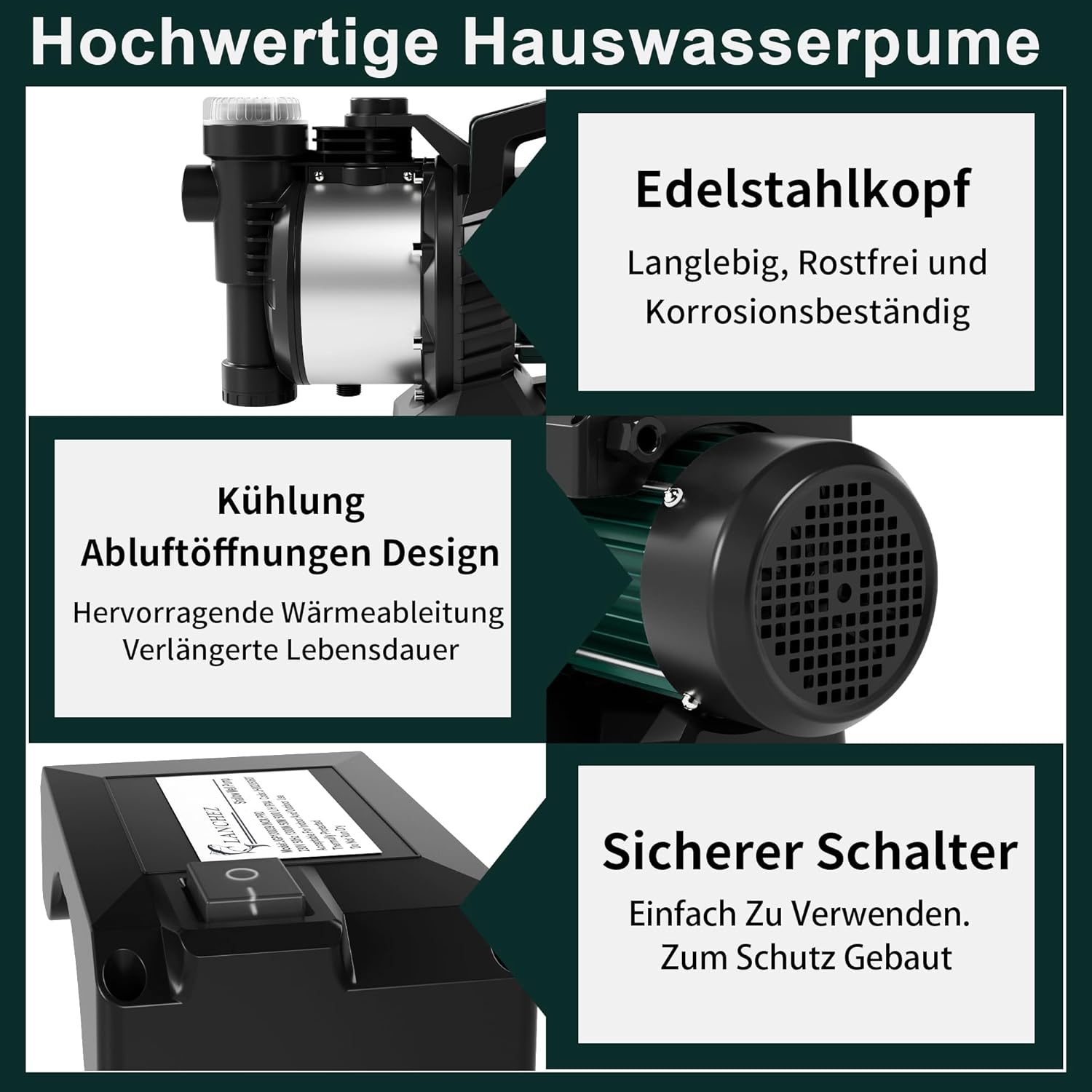 Thumbnail 4 de LANCHEZ Gartenpumpe 5000 l/h – 1300 W, Förderhöhe 50 m, inkl. Filter, Wasseranschluss und Ablass