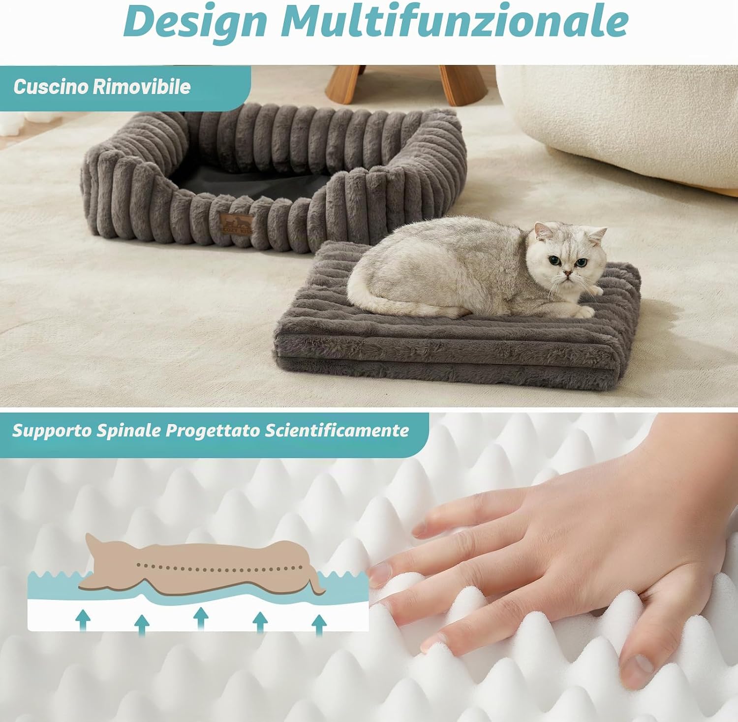 Detalle de COZY KISS Confortabile Divano per Cani e Gatti — Cuccia Ortopedica con Bordo Rialzato e Pelliccia sintetica