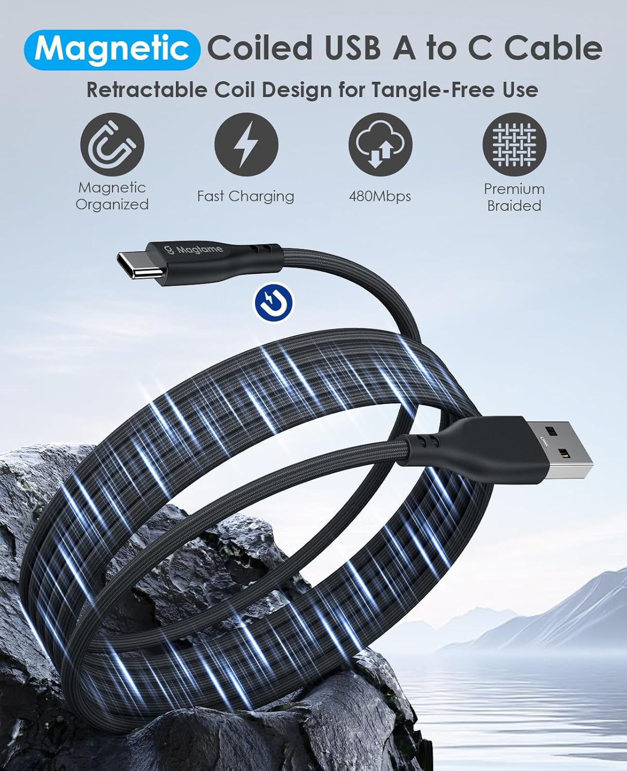 Thumbnail 1 de Magtame Magnetic USB A to USB C Cable Coiled 27W (3.3ft/1M) — Self-Winding, Tangle-Free Charging