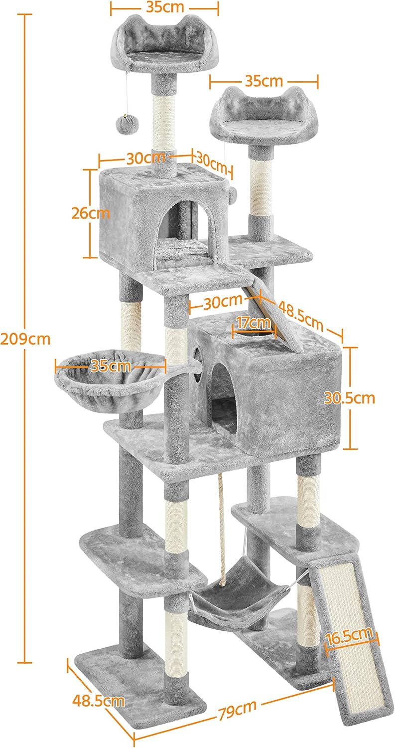 Detalle de Yaheetech Albero Tiragraffi per Gatti 209 cm in Truciolato e Corda in Sisal con Condomini, Amaca e Pisolini Multilivello – Grigio Chiaro