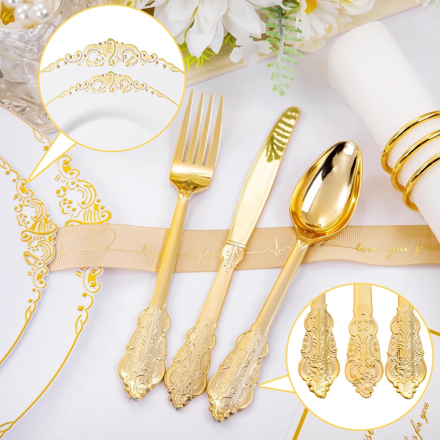 Thumbnail 4 de Hioasis 350pcs White and Gold Baroque Party Plates Set for 50 Guests