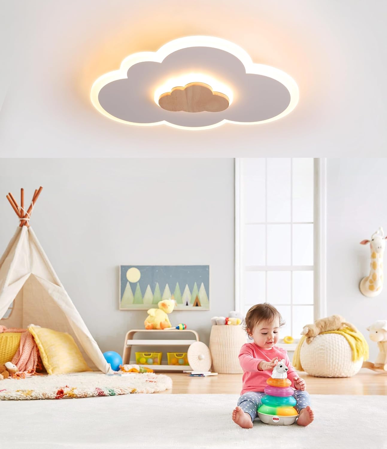 Detalle de FANLG LED-Deckenlampe Kinderzimmer, 40 cm | Wolkenlampe mit Holz-Details, Warmweiß 3000K, 20W