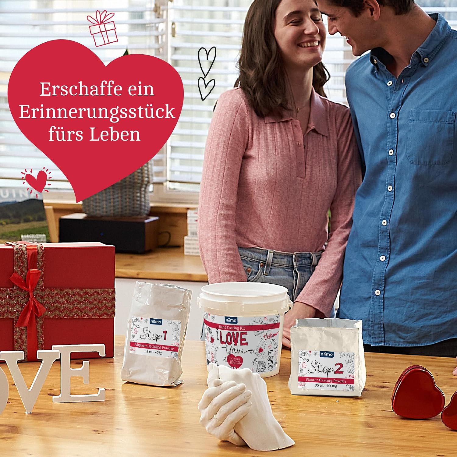 Detalle 2 de Niimo® 3D Handabdruck-Set „I love you“ für Paare – personalisierte Gipsabdruck-Hände (Video-Tutorial)