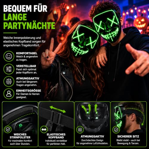 Detalle 2 de Costumed Purge LED-Maske in Grün mit steuerbaren Leuchtmodi für Halloween