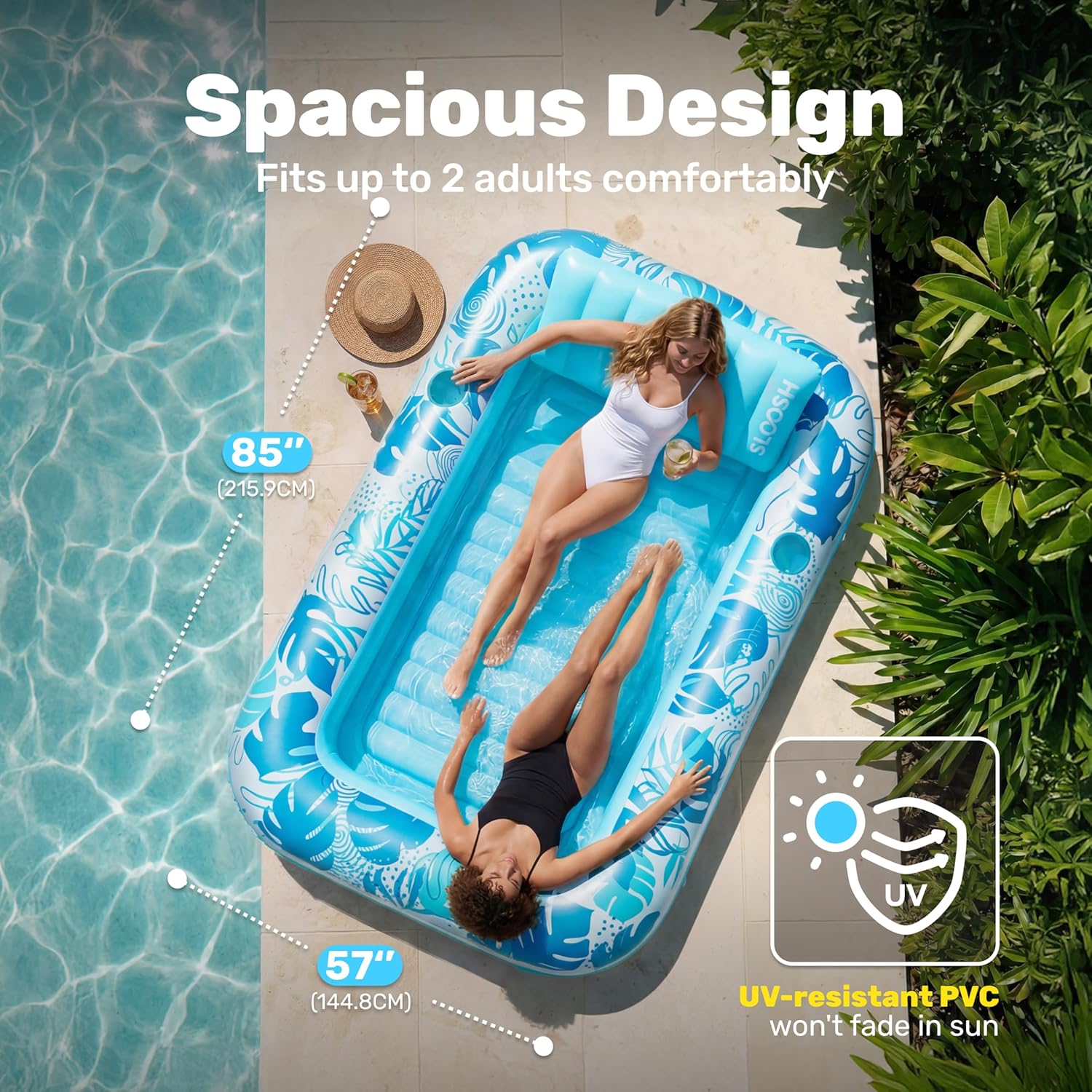 Detalle 2 de SLOOSH Inflatable Tanning Pool Lounger Float – 85" x 57" XL with Pillow, Blue