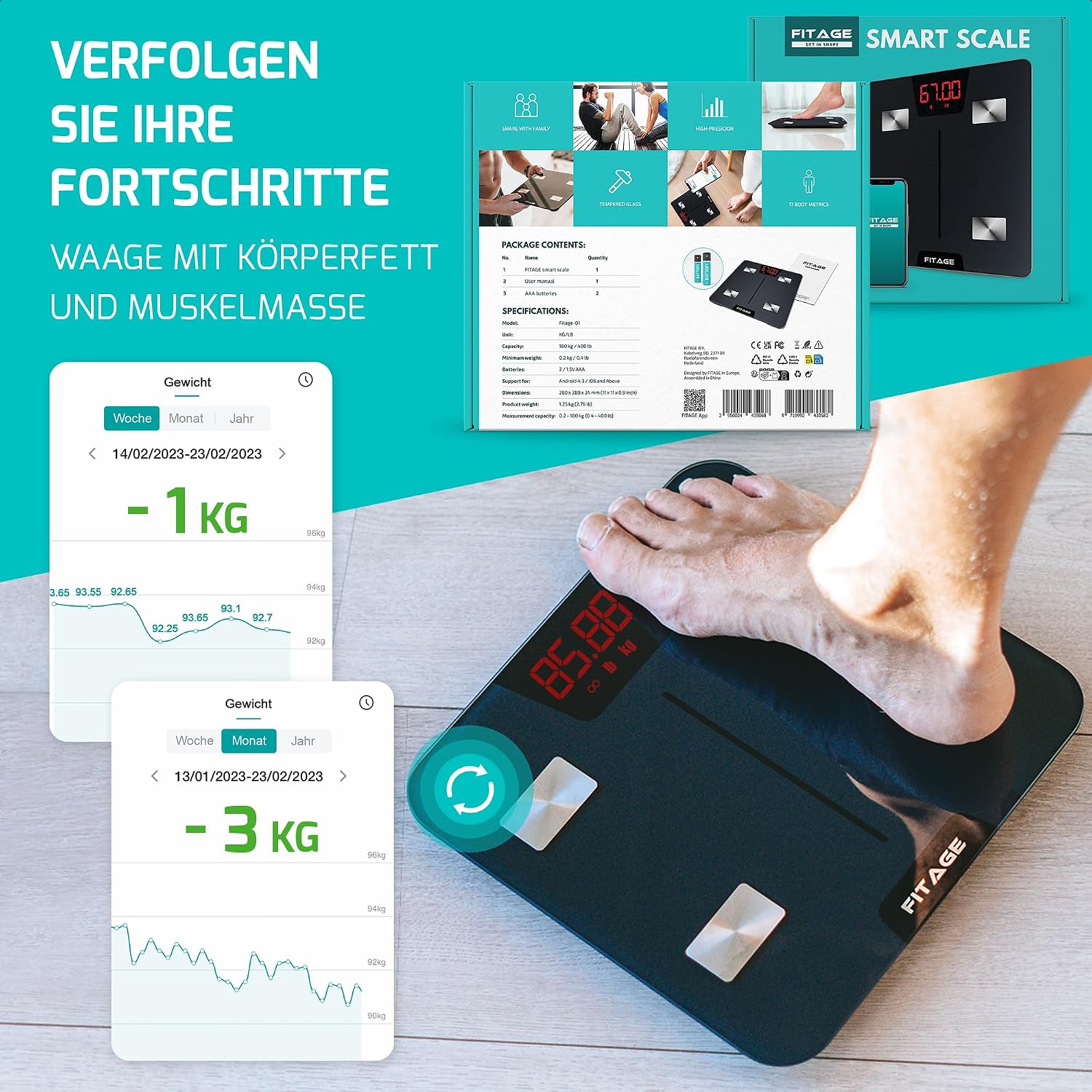 Thumbnail 6 de FITAGE Personenwaage digital Testsieger 2025 – Körperanalyse bis 180 kg mit App-Anbindung