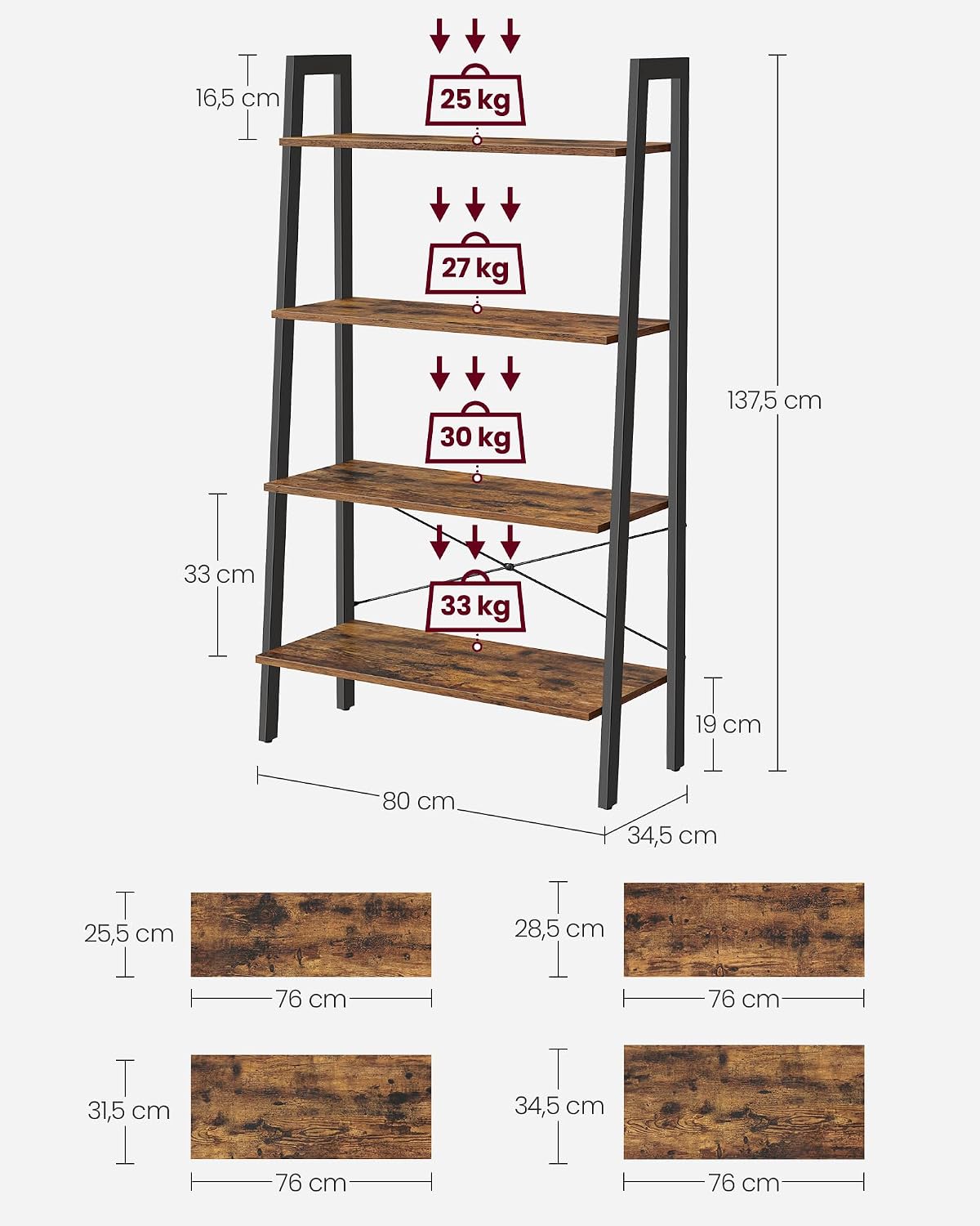 Detalle de VASAGLE Ladder Shelf 4-Tier Bookshelf (LLS144B01) – Rustic Brown & Black, Steel Frame