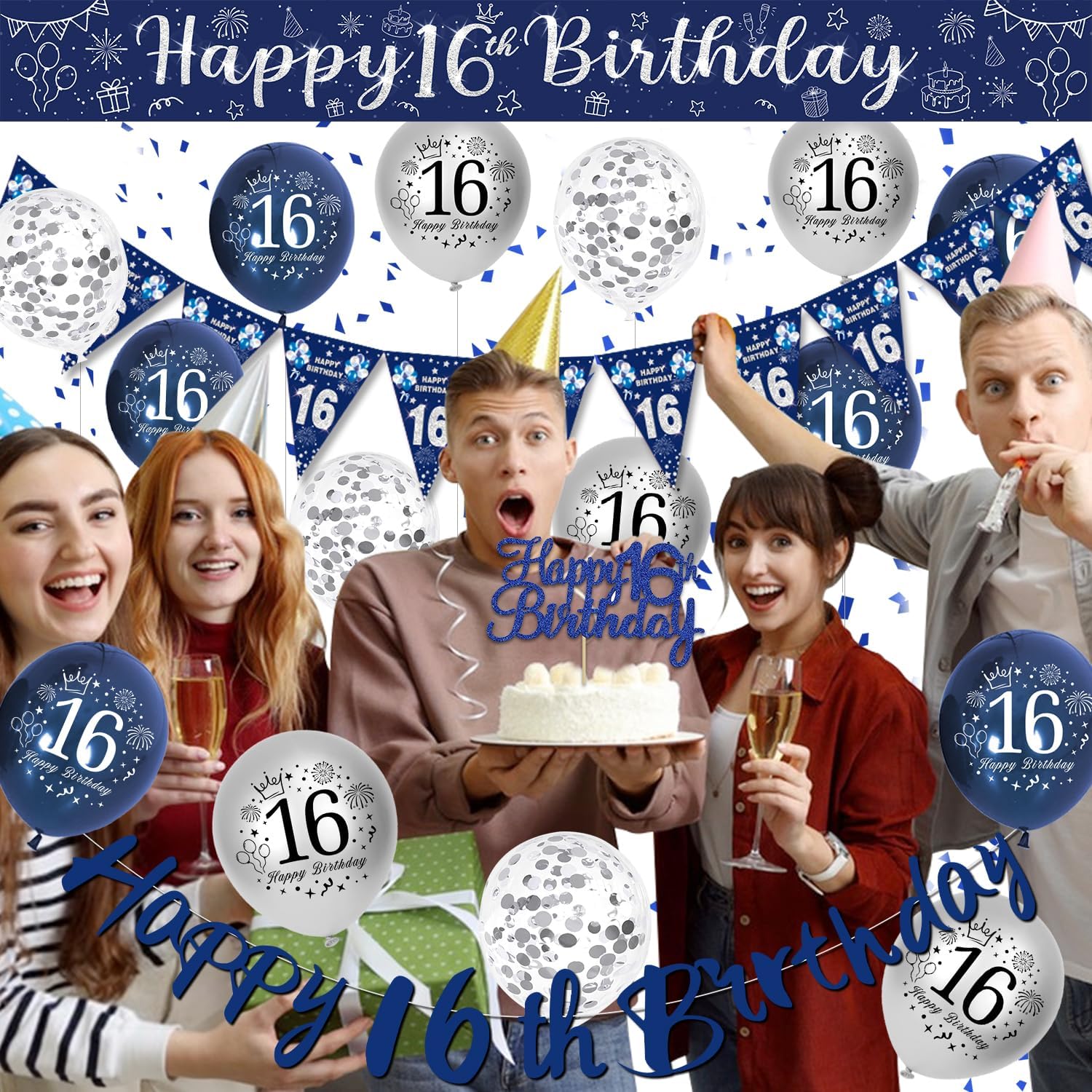 Detalle de VICTERR 16th Birthday Decorations for Boys – Blue & Silver Party Pack