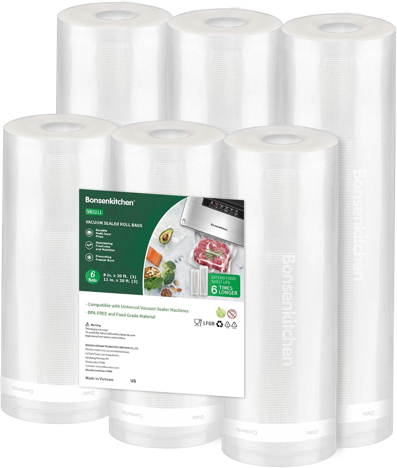 Detalle de Bonsenkitchen Vacuum Sealer Rolls Bags — 3 Rolls 11x20' + 3 Rolls 8x20' (BPA-Free, 4 Mil, Microwave/Boil Safe)