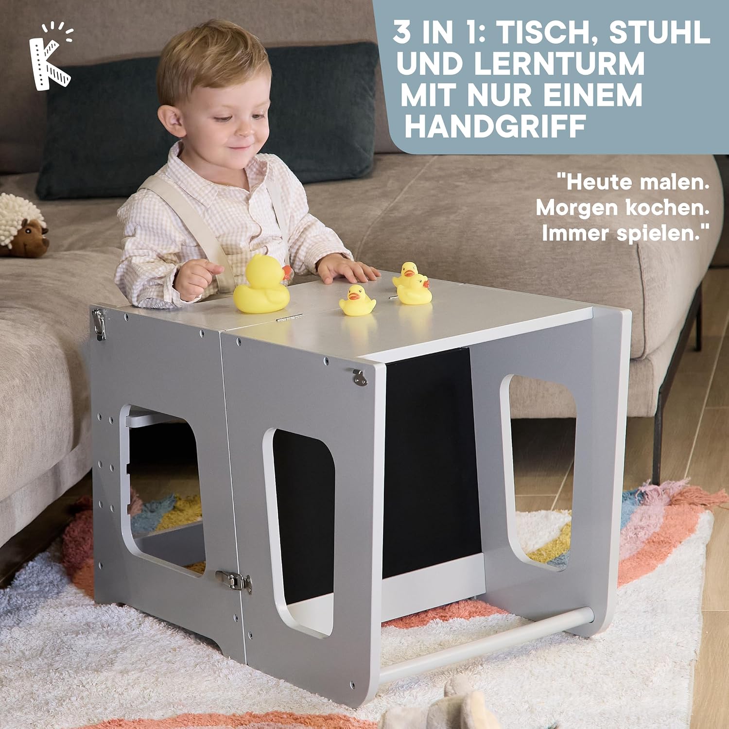 Thumbnail 2 de KYWAI Montessori Lernturm ab 1 Jahr – klappbar, 2-in-1 Premium Learning Tower & Tisch (grau)