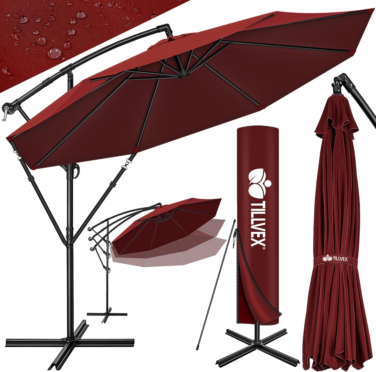 Detalle de tillvex Alu Sonnenschirm mit Abdeckung Ø 300 cm, Kurbel, 360° drehbar und Windschutz