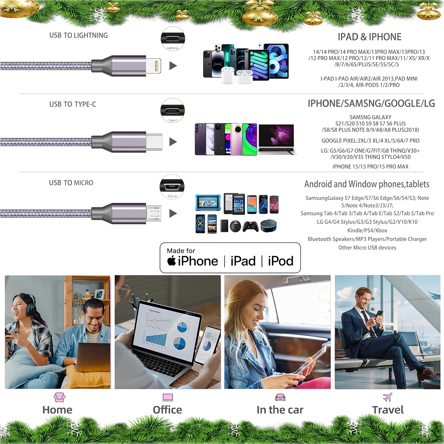 Thumbnail 1 de Multi Charging Cable (10ft 2-Pack) – 3-in-1 USB Charger Cord for Type-C, Micro USB, and Lightning Devices
