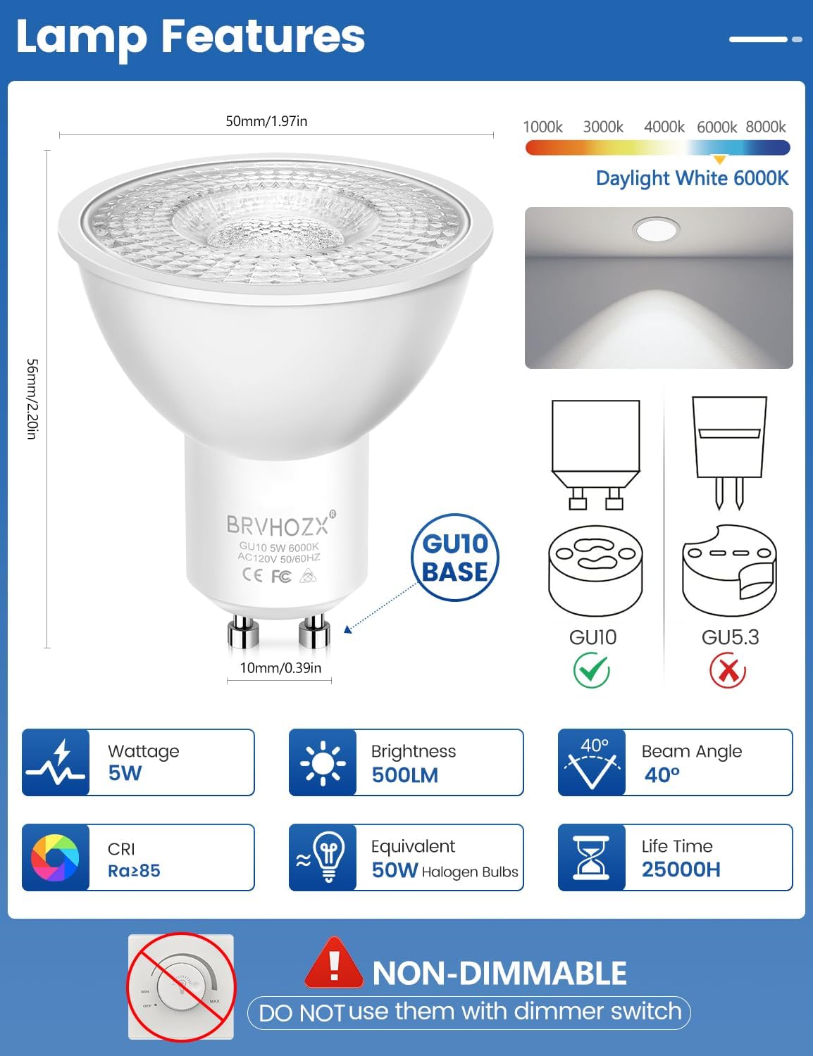 Thumbnail 1 de BRVHOZX GU10-3835 GU10 LED Bulbs, 5W, 6000K, 500 Lumens, 10-Pack