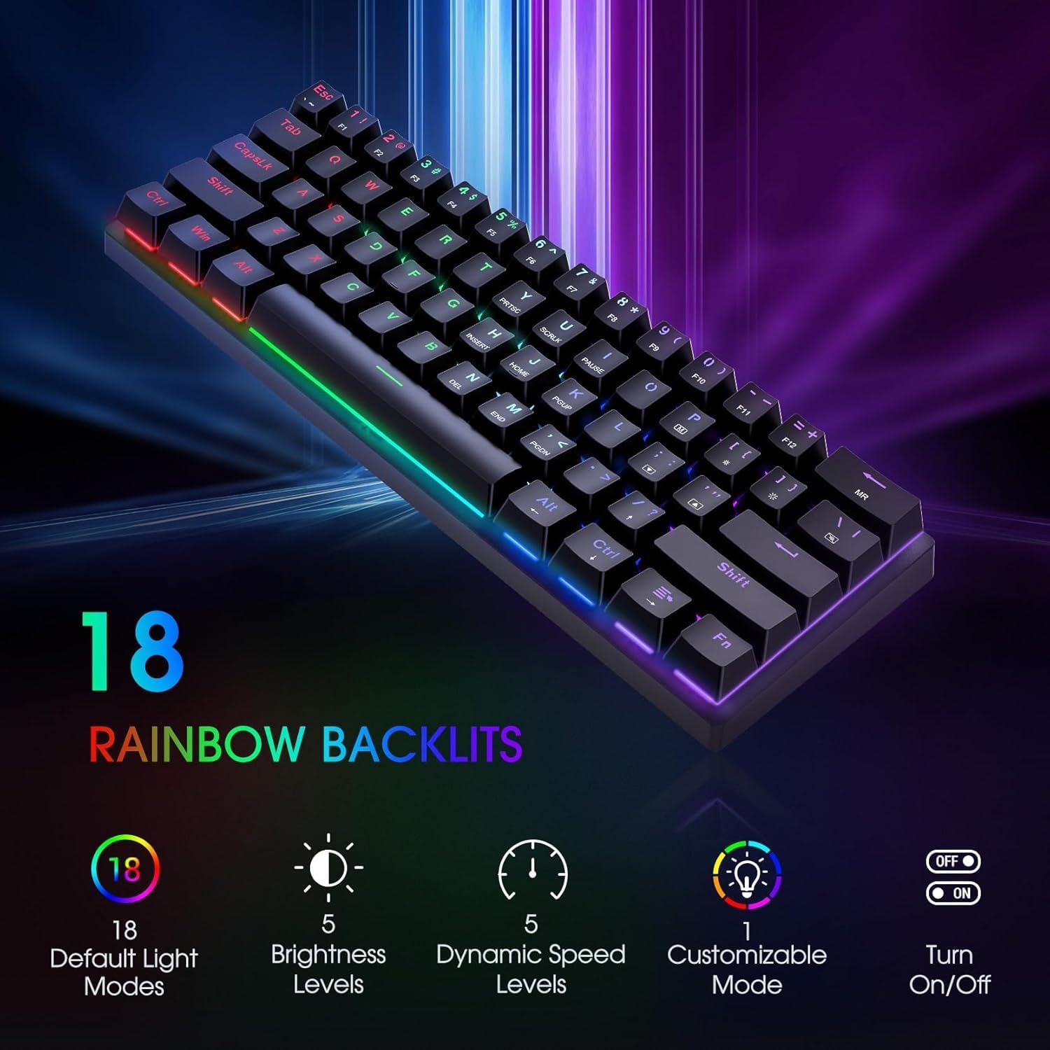 Thumbnail 1 de CACKBIRD Portable 60% Mechanical Gaming Keyboard (Blue Switches, 61 Keys, Wired, LED Backlit)