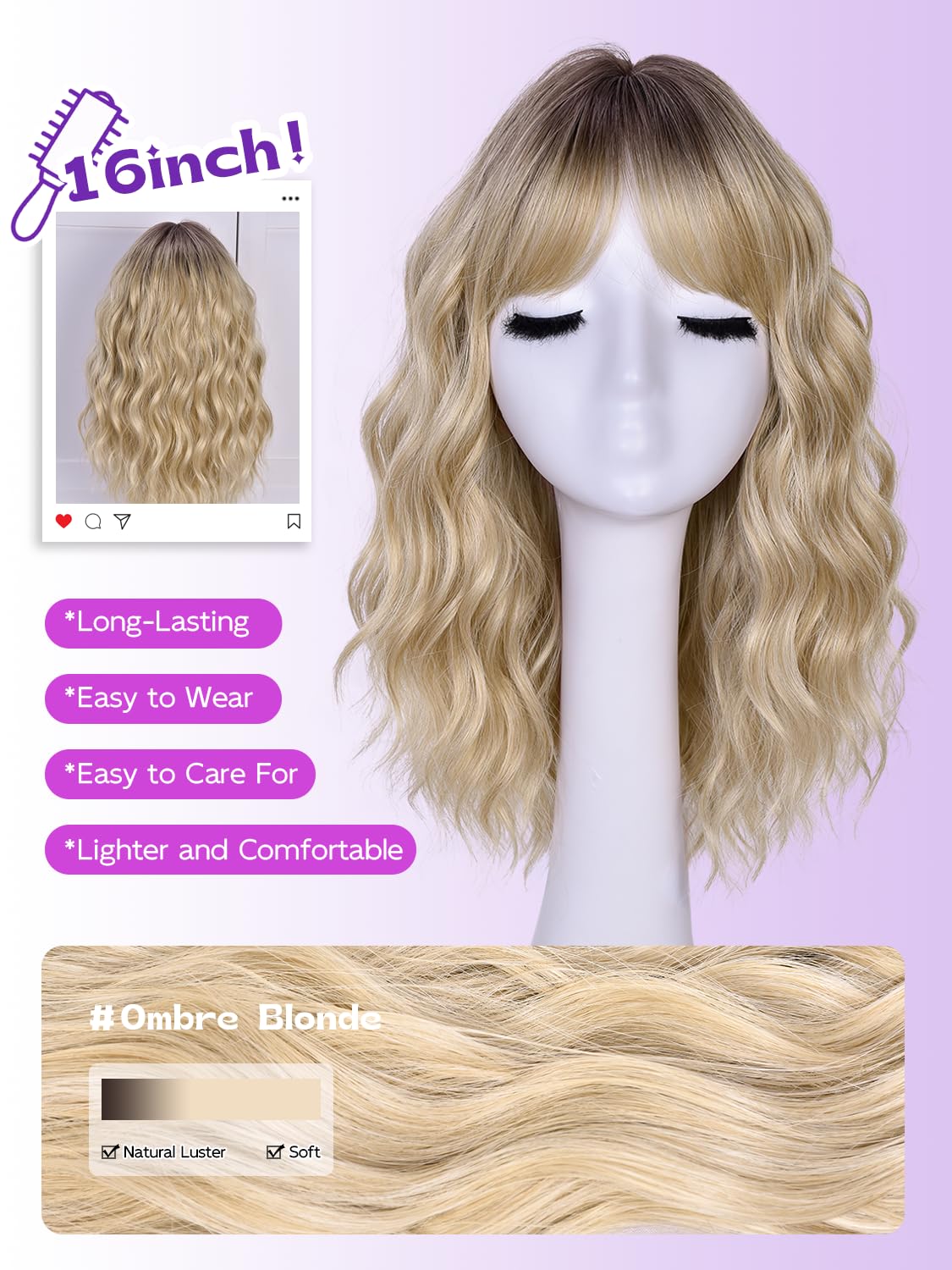 Thumbnail 2 de Short Wavy Wig with Bangs for Women - Ombre Blonde Synthetic Bob Wig