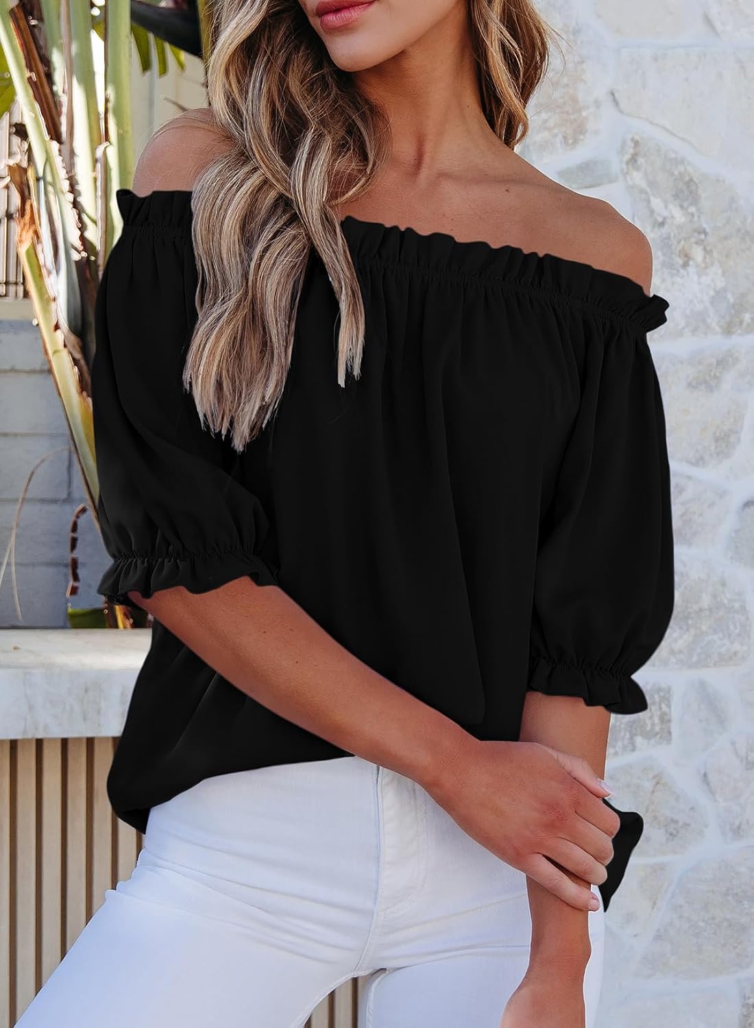 Detalle de EVALESS Off the Shoulder Blouse for Women — Dressy Casual Puff Sleeve Top (2026)