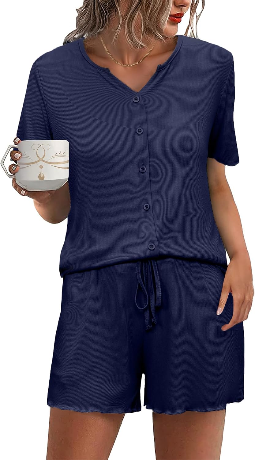 Detalle de Demegimi Damen Kurzpyjama aus Baumwolle – komfortabler Sommer-Shorty mit Knopfleiste