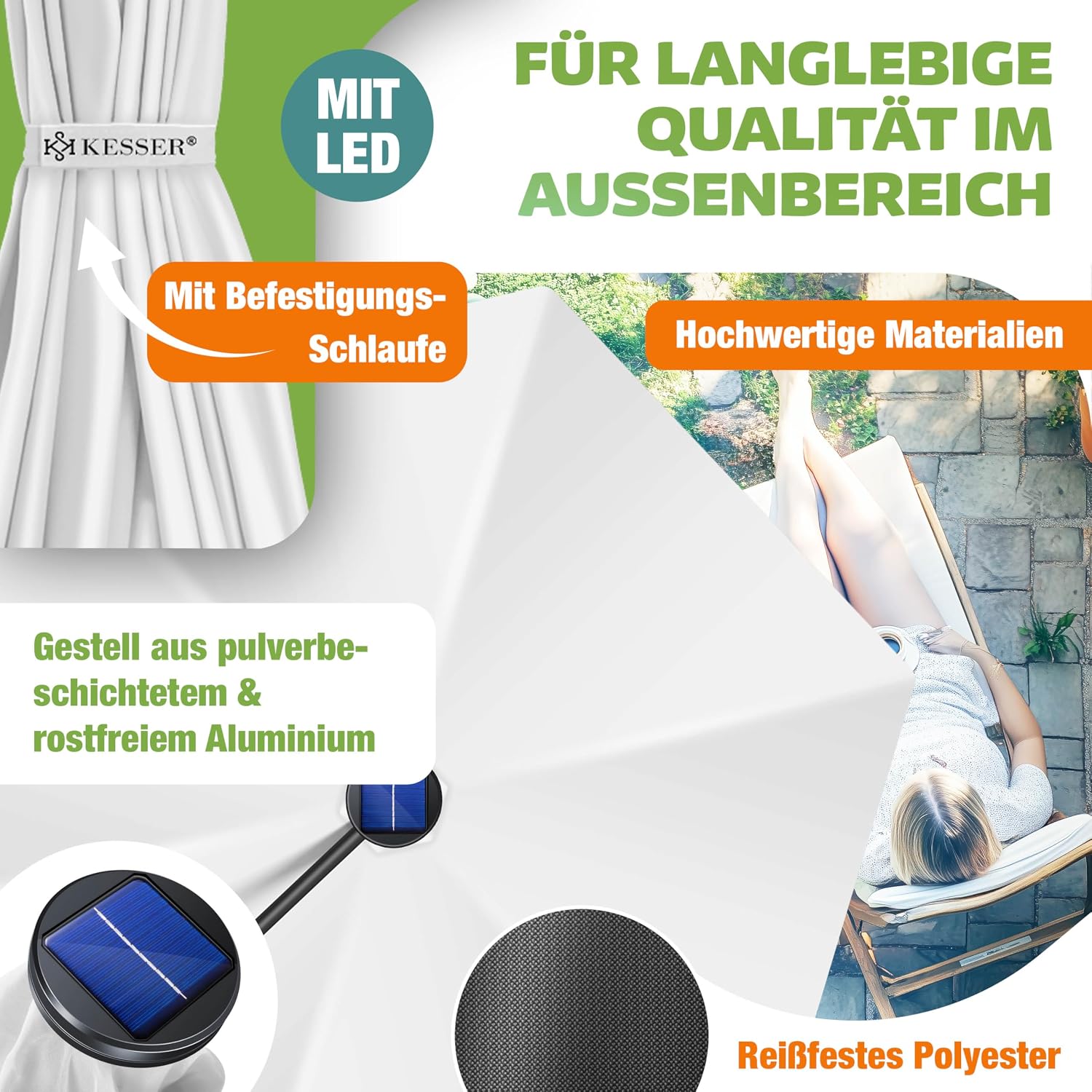 Detalle de KESSER Sonnenschirm Solar Ø 300 cm/Ø 350 cm mit LED-Beleuchtung – Kurbelmechanik, Alu-Gestell, mit Abdeckung