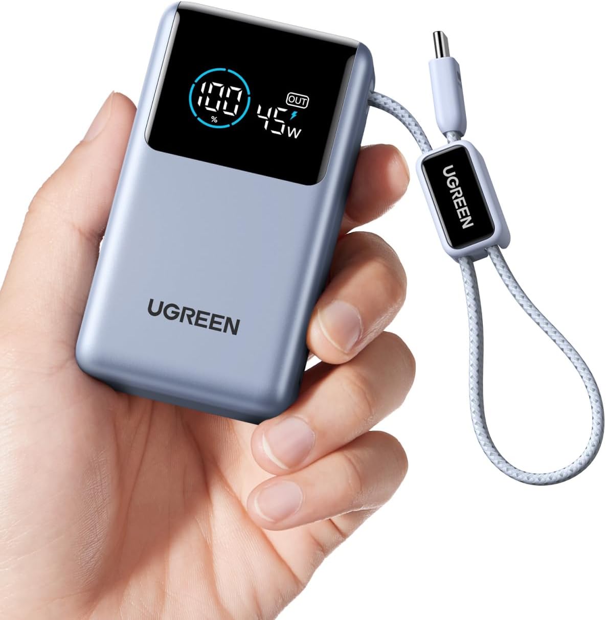 Detalle de UGREEN Nexode 55W 10000mAh power bank with built-in USB-C cable and digital display
