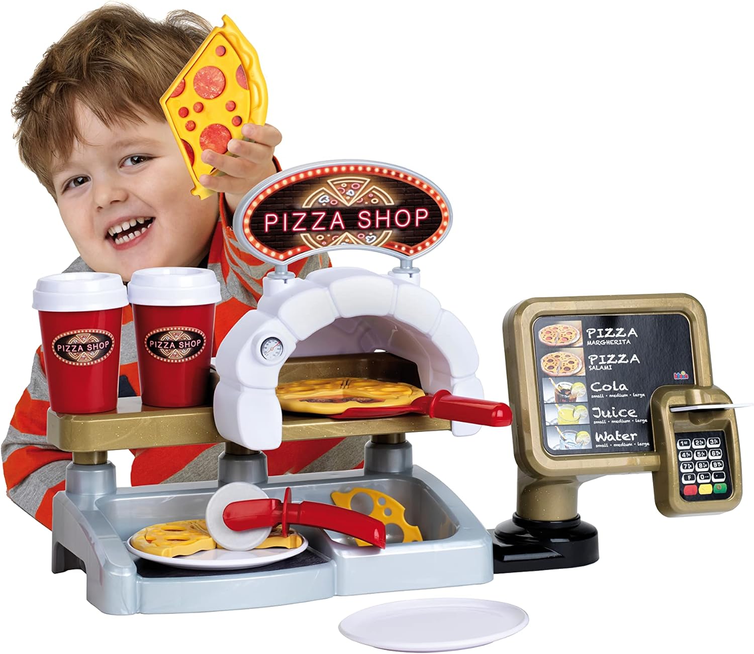 Detalle 2 de Theo Klein Pizza Shop 7309 : terminal de paiement sonore et accessoires pour jouer à la pizzéria