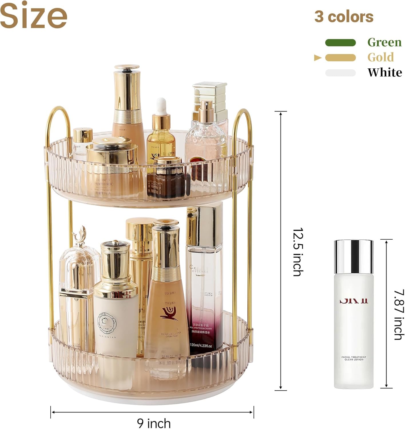 Detalle de ROWNYEON Makeup Organiser 360 Rotating — 2-Tier Gold Spinning Storage