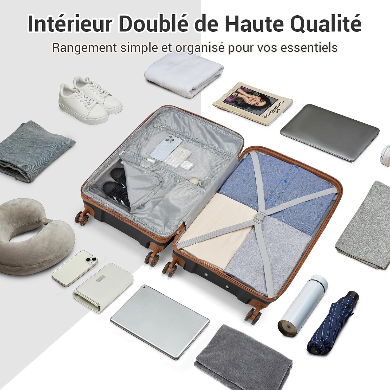 Thumbnail 6 de Kono Valise grande taille extensible à roulettes (PP) 76 x 51,5 x 31,5 cm – serrure TSA (Noir/Marron)