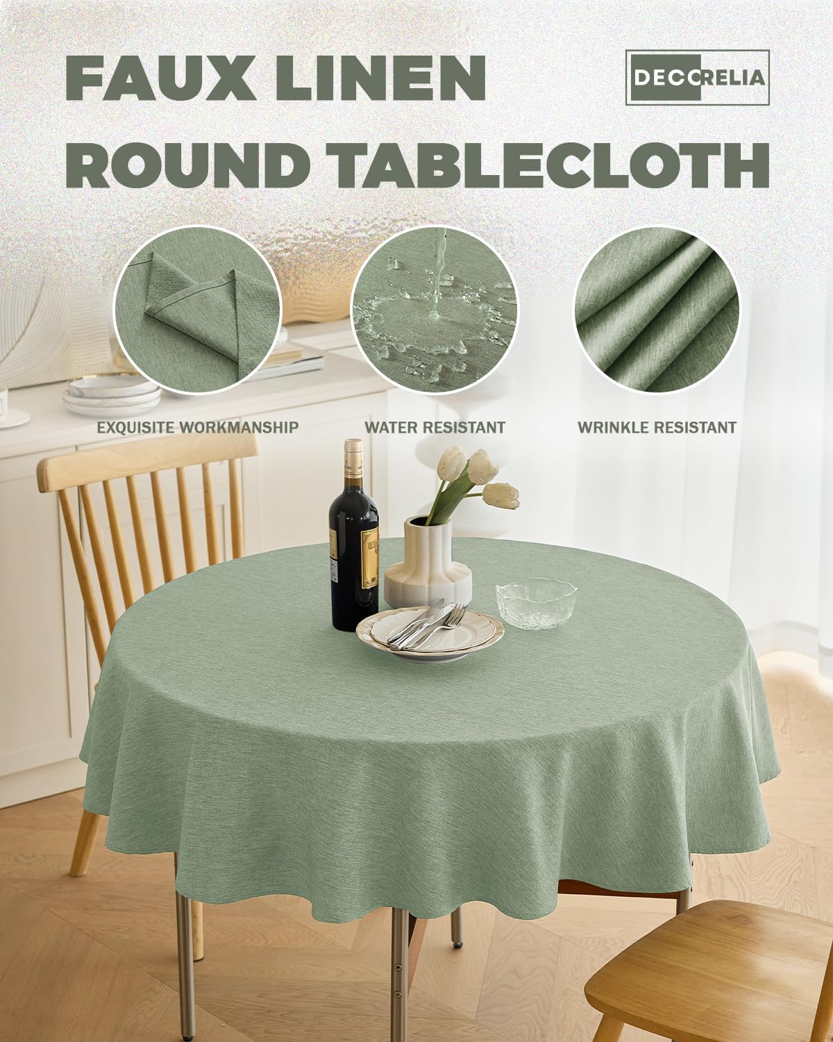 Thumbnail 2 de Decorelia Faux Linen Round Tablecloths 60 inch (Sage Green) — Waterproof, Washable Rustic Table Cover for 2–4 Seats