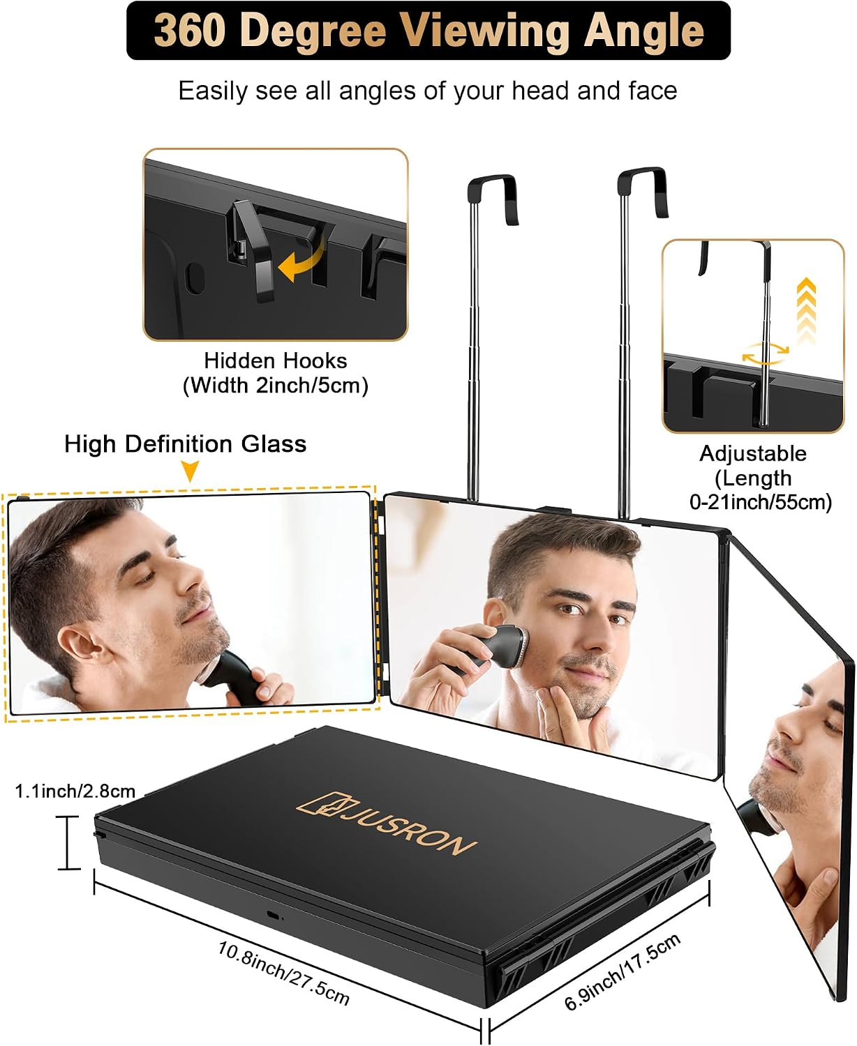 Detalle de JUSRON Specchio Trucco a 3 Vie – Portatile, 360° e Altezza Regolabile