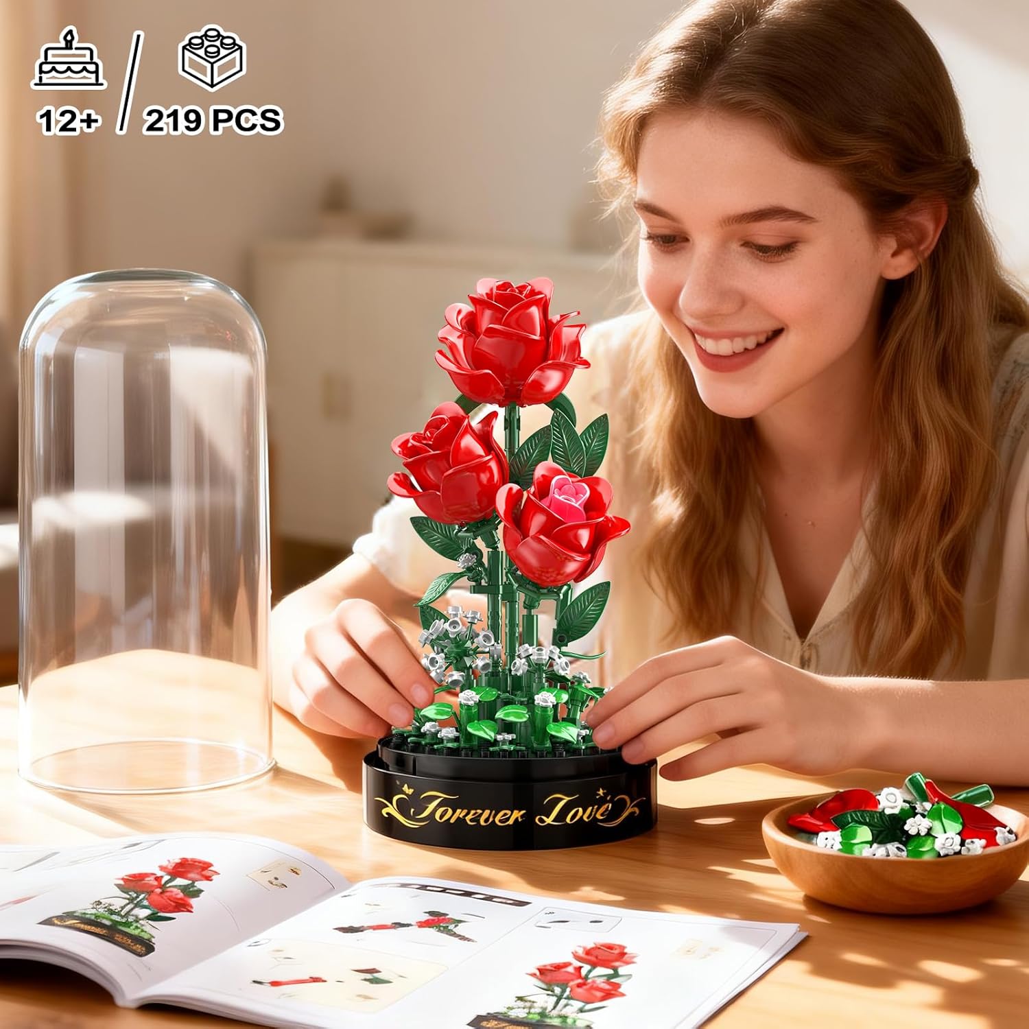 Thumbnail 6 de HiWEEGO Flower Bouquet Building Set with LED Light – 3.6mm Red Rose Mini Build (219pcs) with Dust Cover