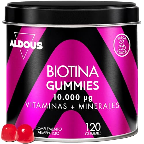 Detalle de Biotina 120 Gominolas 10.000mcg de Aldous Bio: cabello, piel y uñas con sabor a cereza