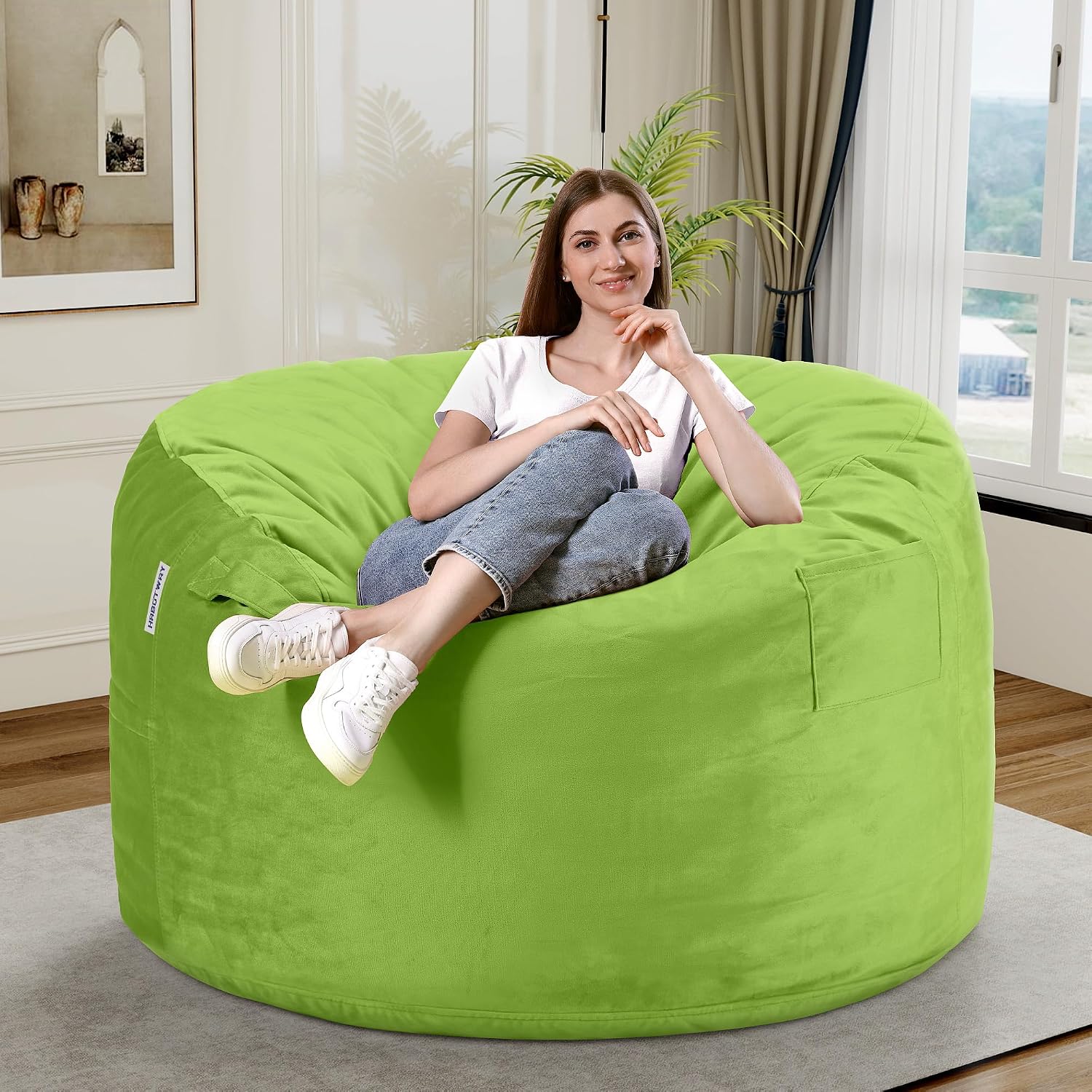 Detalle 2 de HABUTWAY 62-043-Green 3FT Bean Bag Chair, Velvet Cover, Foam-Filled