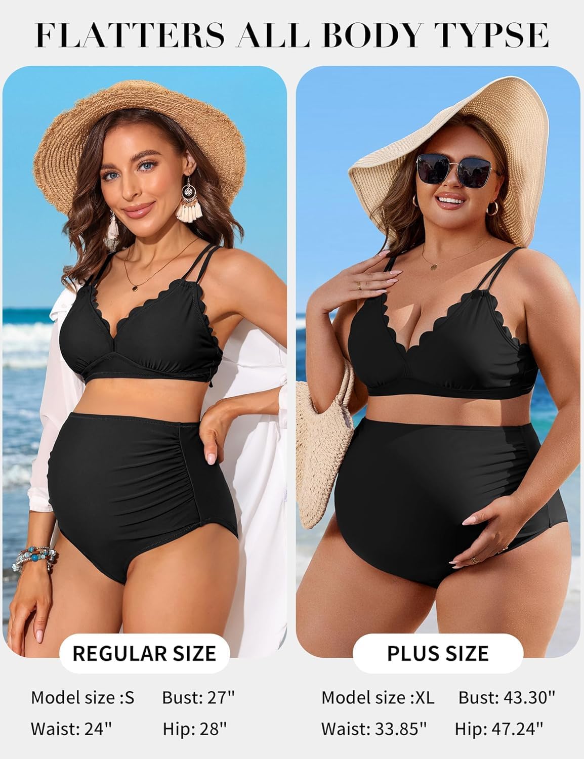 Detalle de Charmo High Waisted Maternity Swimsuit Bikini Set with V Neck and Scalloped Trim