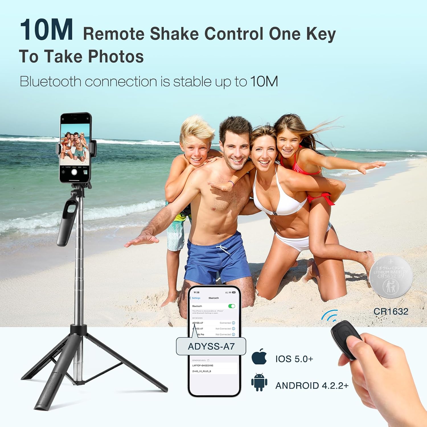 Detalle de Vinabo Perche à Selfie Bluetooth 3 en 1 – Trépied Smartphone extensible jusqu’à 160 cm avec télécommande et rotation 360°