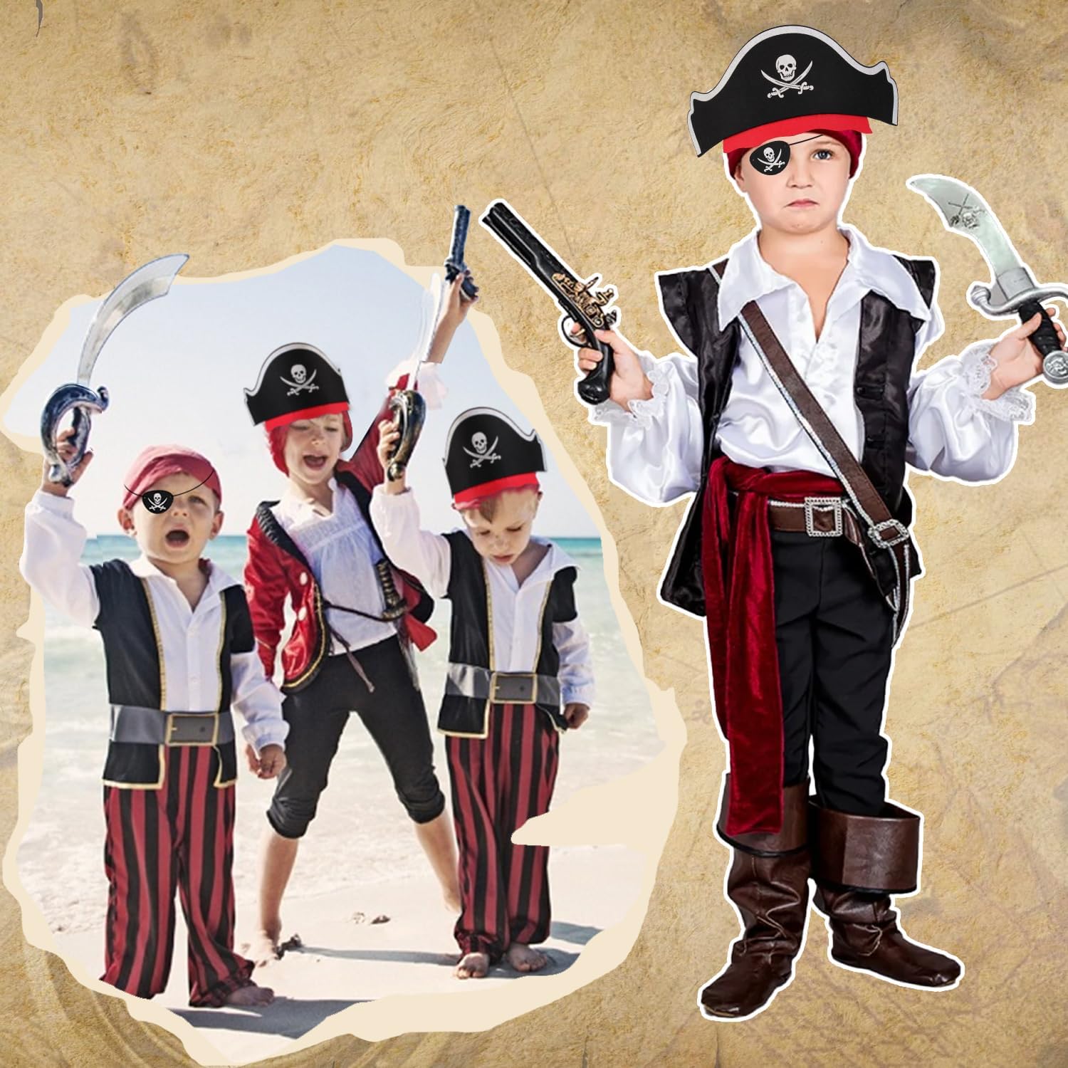 Thumbnail 4 de Piraten Kindergeburtstag-Set mit Piratenhut, Augenklappe und Piraten-Tattoos (Filz) – 8-teilig