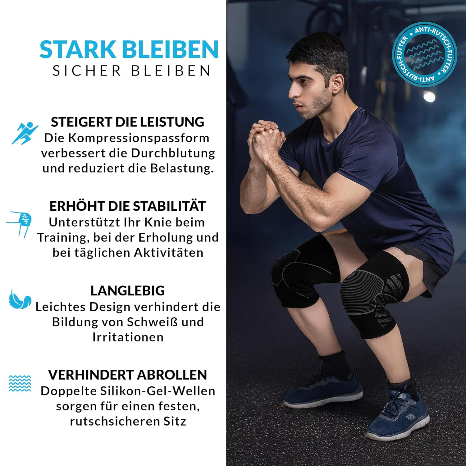 Detalle 2 de 360 RELIEF Kniebandage für Herren & Damen – 2er-Set Kniestütze für Sport, Gym & Joggen (Knie-Kompressionsbandage) – Schwarz/Grau