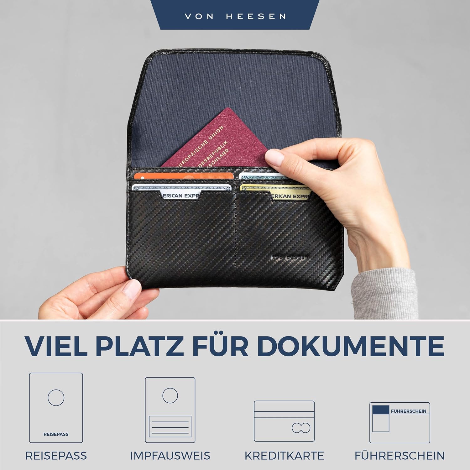 Detalle de VON HEESEN Leder Reisepasshülle mit RFID-Schutz – Carbon Schwarz aus echtem Leder