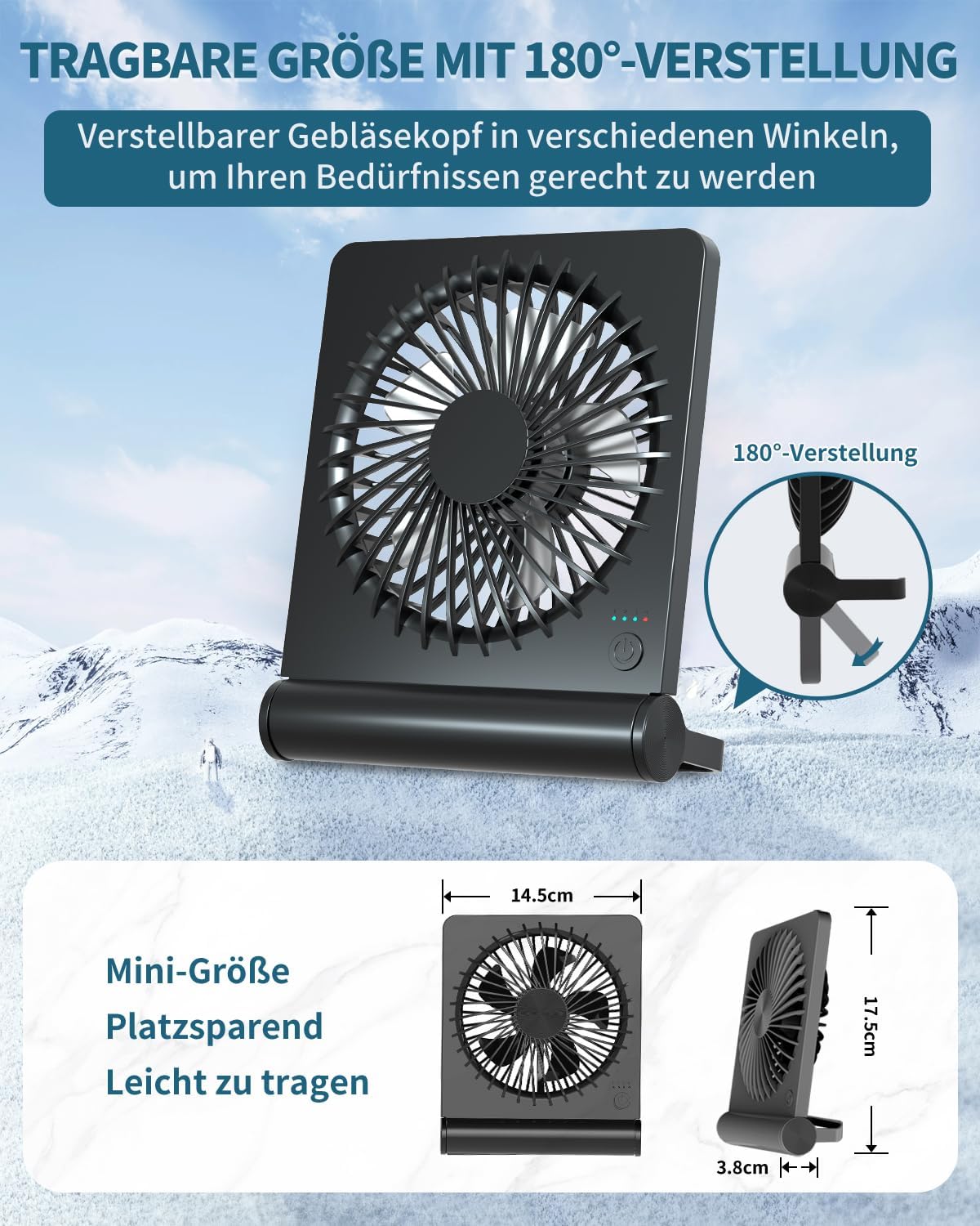 Detalle 2 de BIVBTP Kleiner Tischventilator – 2000 mAh Akku, 3 Stufen, 220° Verstellbarkeit, leise & tragbar