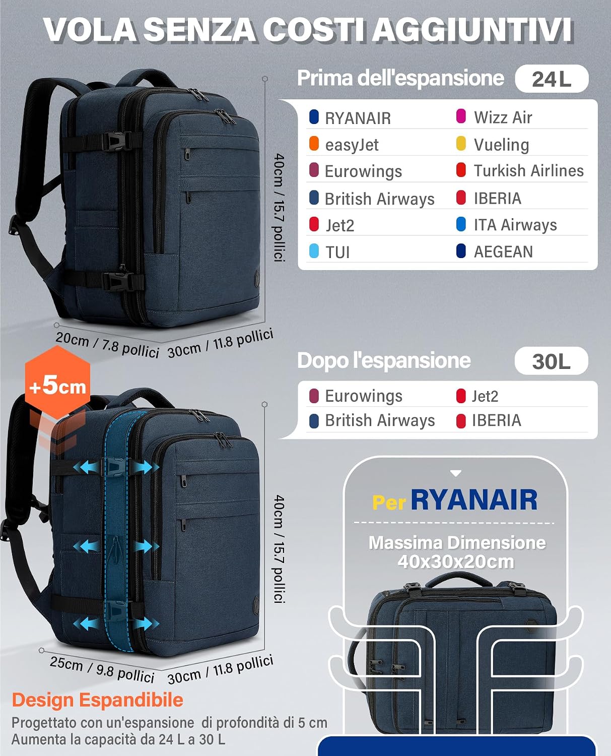 Thumbnail 1 de VANKEV Zaino da Viaggio Aereo 24–30 L, estensibile 40x30x20→40x30x25 cm, laptop 15,6", blue scuro