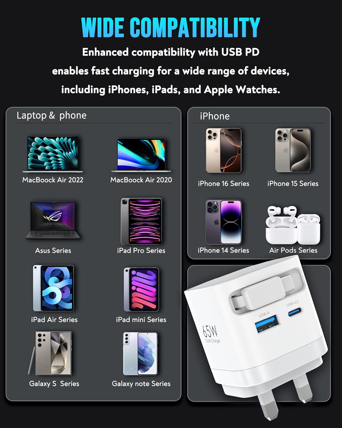 Thumbnail 6 de 65W USB C Charger with Retractable Cable (GaN) – 3-Port UK Plug for MacBook, iPhone, iPad and more