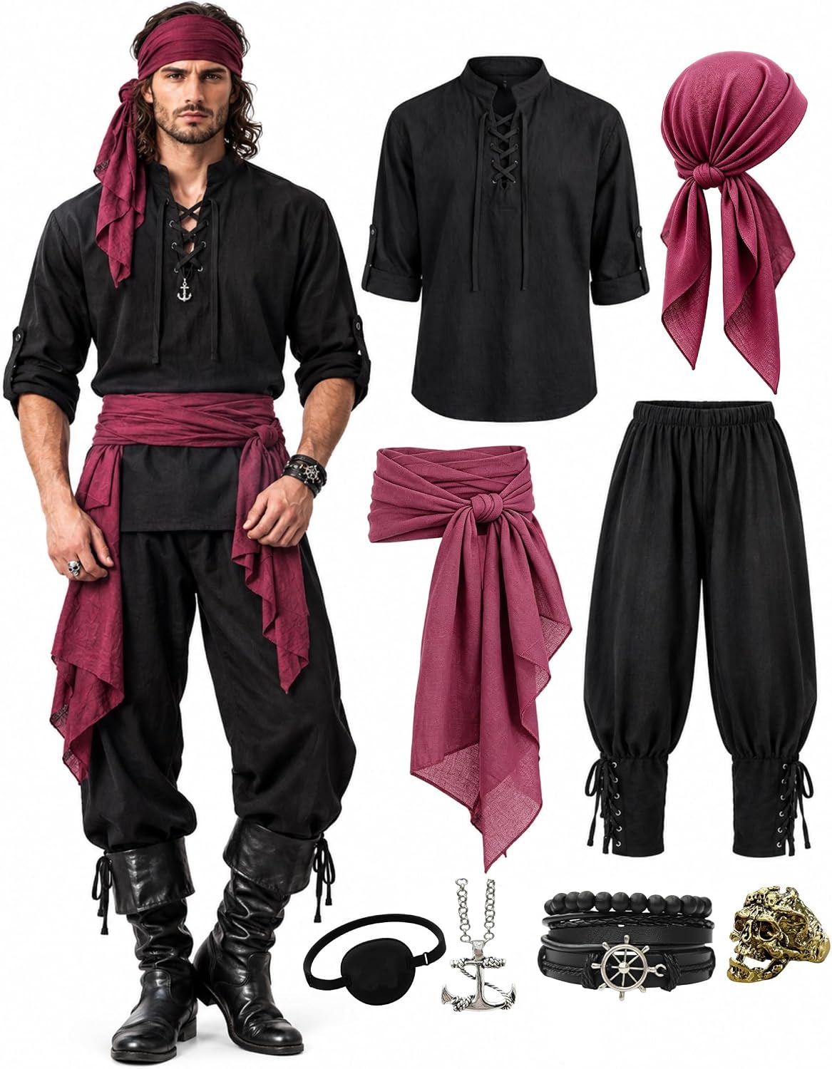 Detalle de Men's Pirate Renaissance Costume, 8-Piece Set with Lace-Up Shirt and Sash