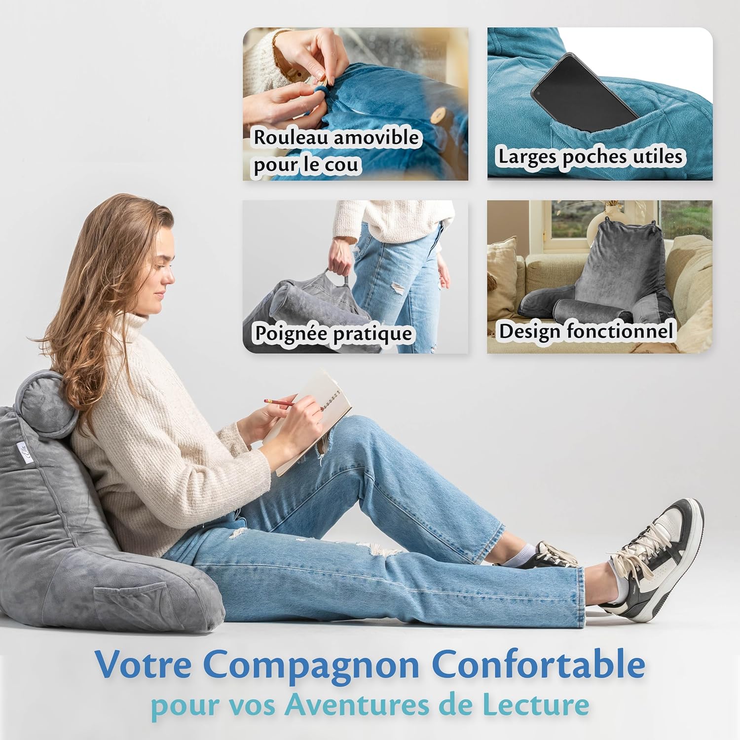 Thumbnail 3 de Ella Coussin de lecture avec rouleau de cou et accoudoirs en velours (bleu) — oreiller pour fauteuil, dos et nuque